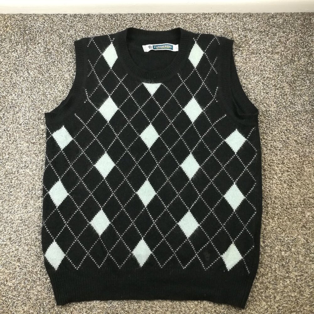 J Lindeberg Sweater Vest Golf Lambswool Rabbit Hair Argyle Black Mens Medium